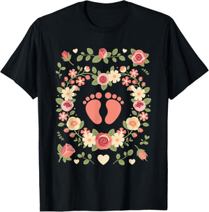 Floral Baby Feet Heart Wreath OB Nurse Midwife T-Shirt - T-Shirt | Black