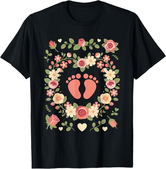 Floral Baby Feet Heart Wreath OB Nurse Midwife T-Shirt - T-Shirt | Black