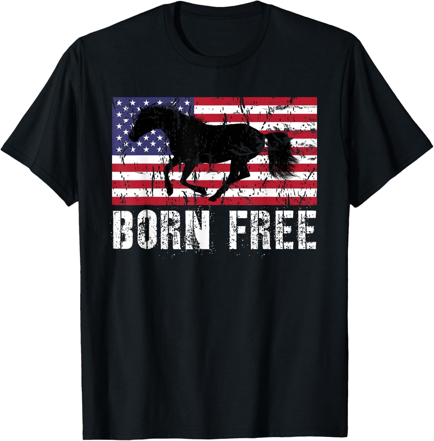 Vintage Born Free Horse American Flag Wild Mustang T-Shirt - T-Shirt | Black