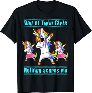 Dad Of Twin Girls Nothing Scares Me Dabbing Unicorn T-Shirt - T-Shirt | Black