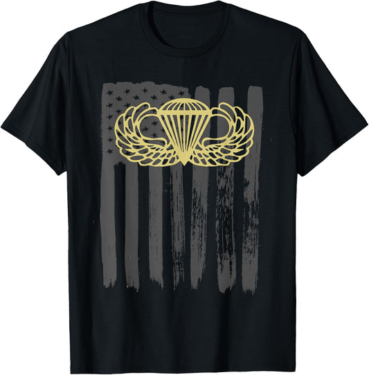 Army Parachute Wings Badge and US Flag Airborne T-Shirt - T-Shirt | Black
