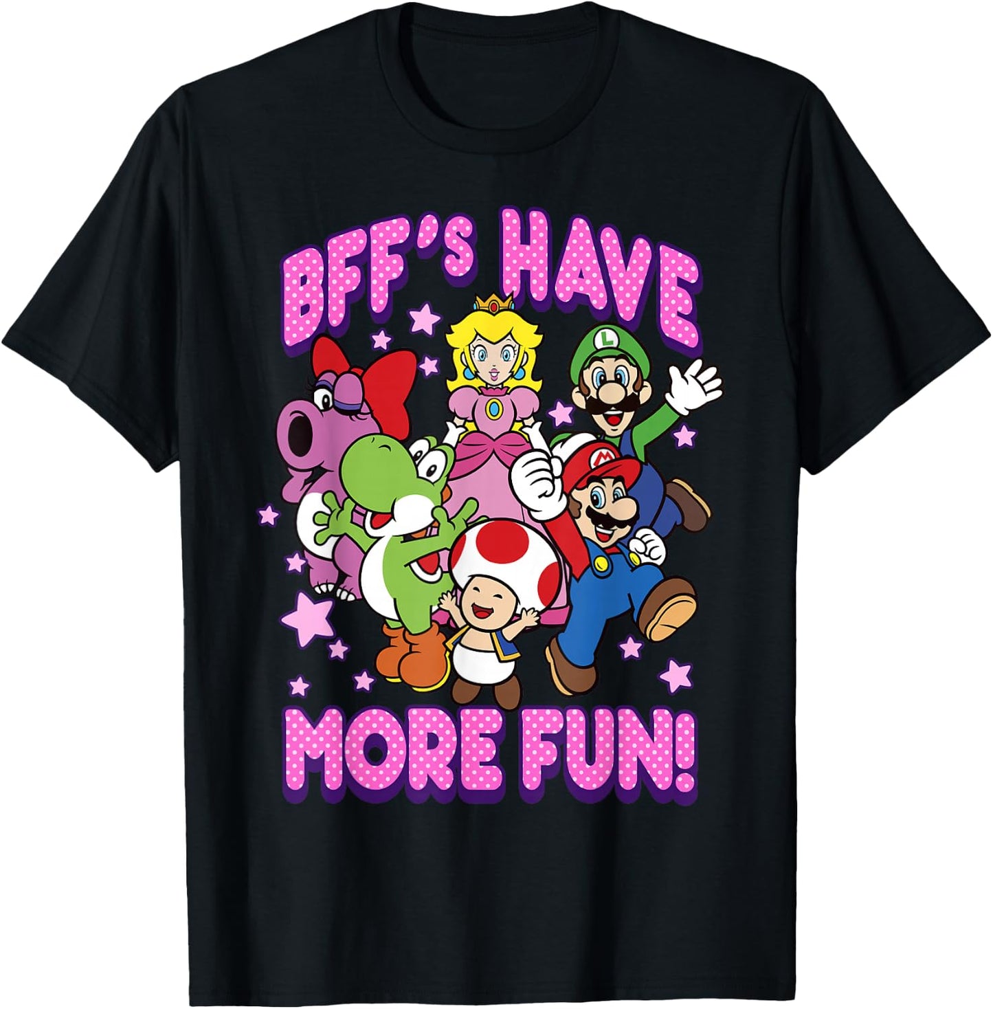 Super Mario BFF's Have More Fun Colorful Group Shot T-Shirt - T-Shirt | Black