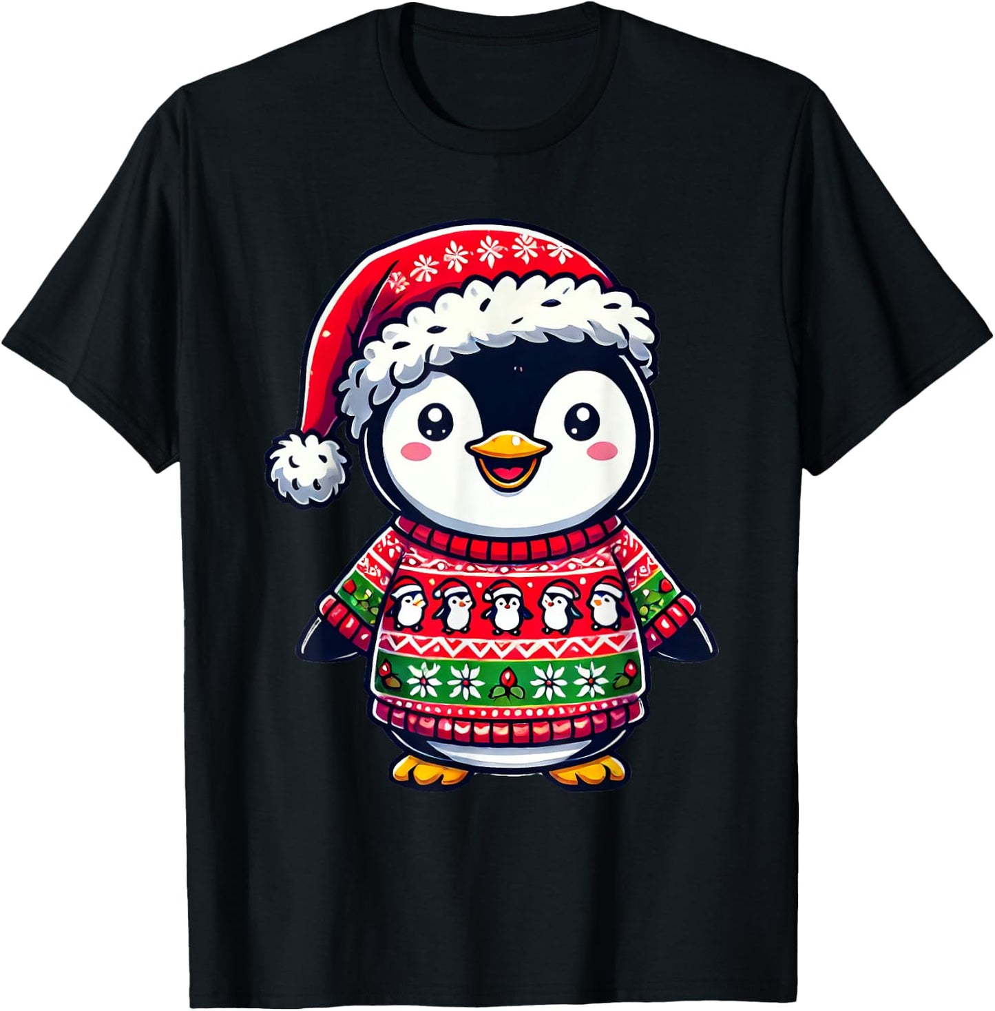 Penguin Ugly Sweater Santa Hat Christmas T-Shirt - T-Shirt | Black