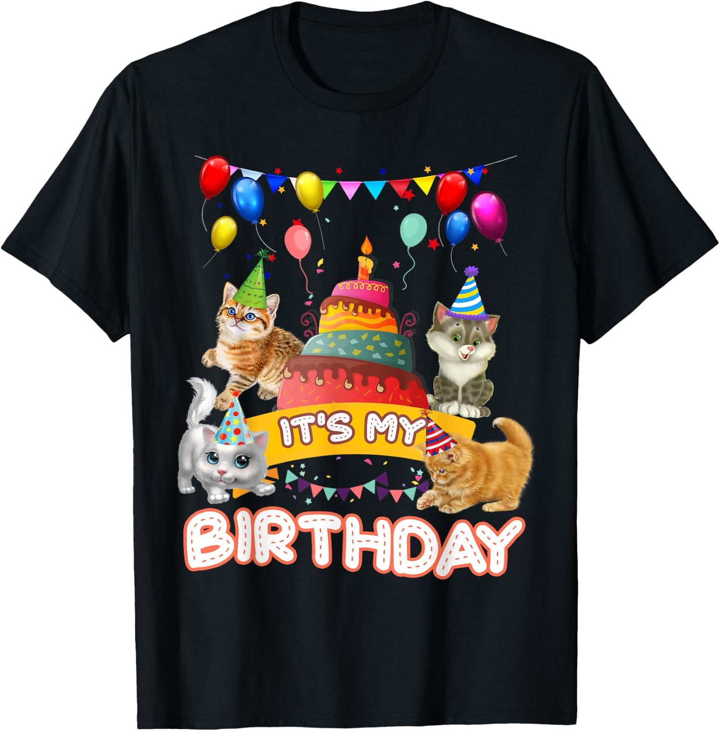 It's My Birthday Cat and Kitten Party Day Girl's and Boy's Small T-Shirt - T-Shirt | Black