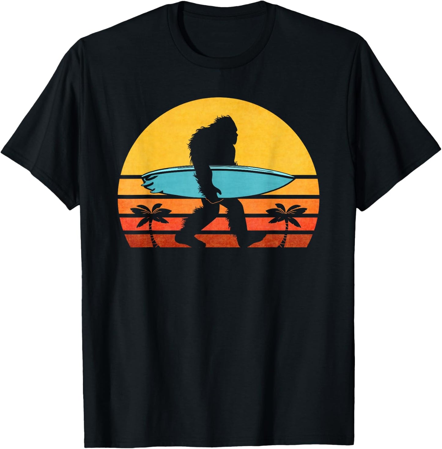 Bigfoot Retro Surfing , Tropical Sasquatch Surfer T-Shirt - T-Shirt | Black