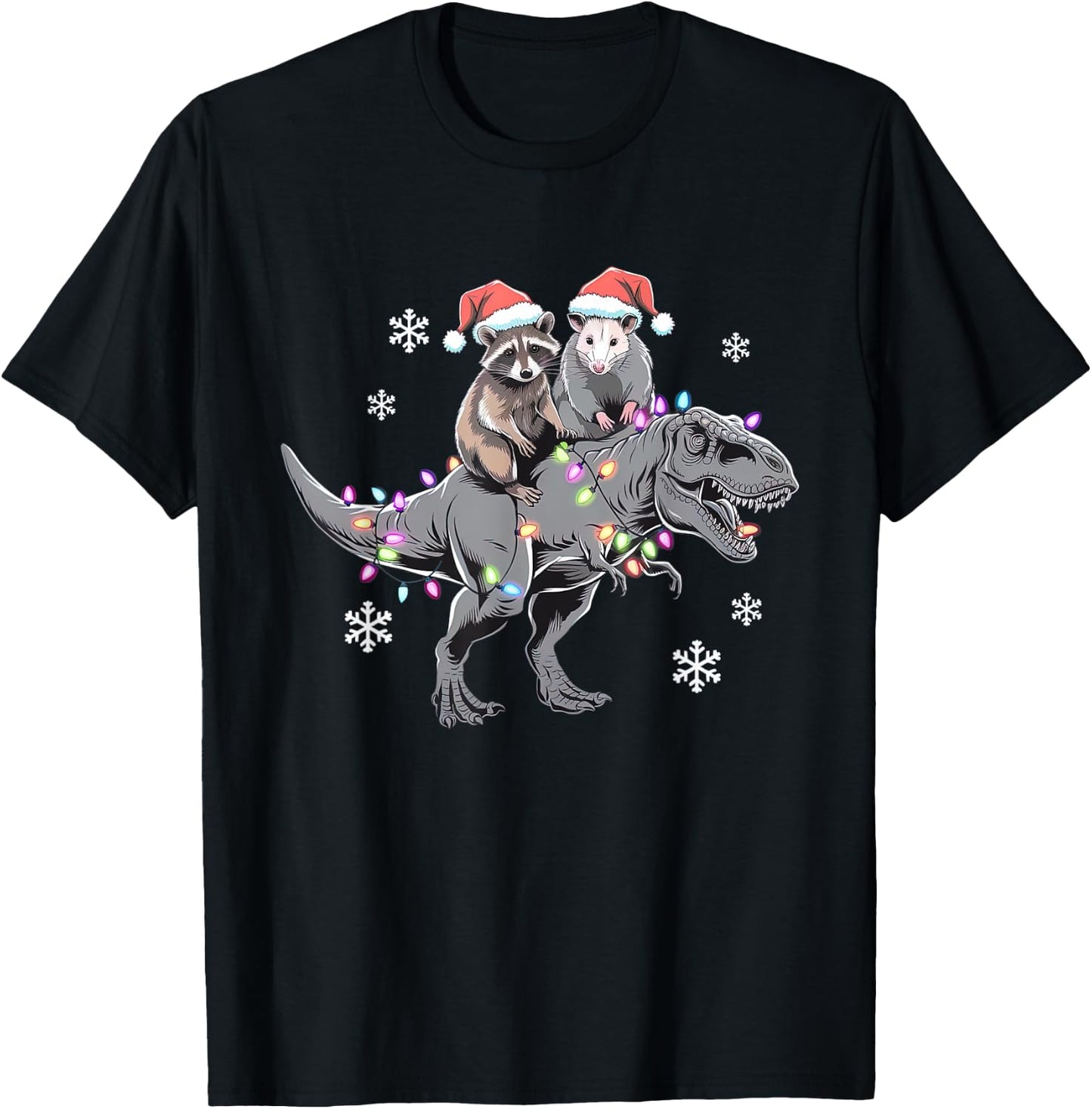 Funny Raccoon & Opossum Riding Dinosaur T-Rex Christmas T-Shirt - T-Shirt | Black