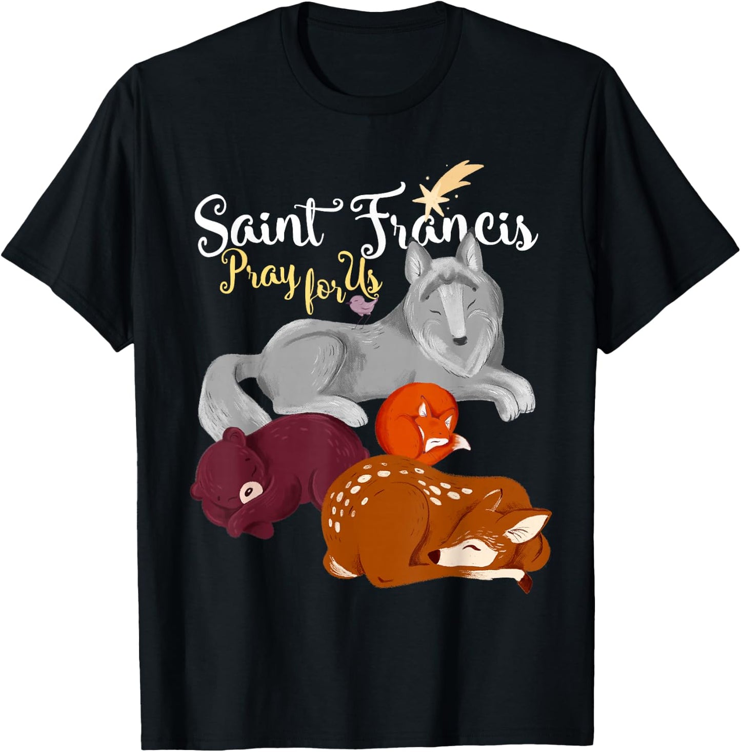 Saint Francis of Assisi Patron of Animals Wolf Animal Lover T-Shirt - T-Shirt | Black
