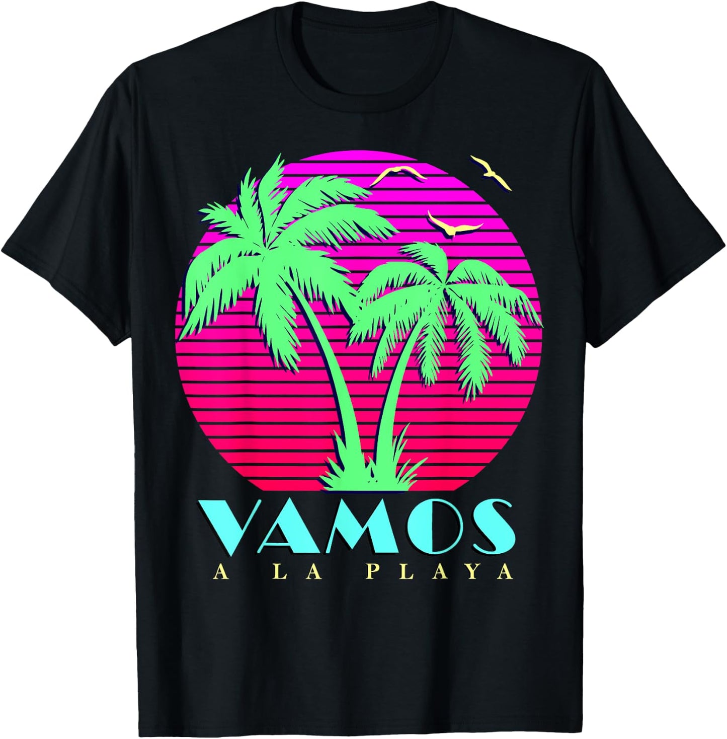Vamos A La Playa 80s Palm Trees Summer Sunset Men Women Girls Kids T-Shirt - T-Shirt | Black