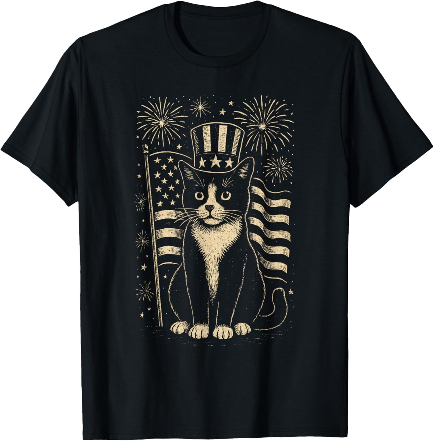 Vintage Tuxedo Cat 4th of July Patriotic Hat and Fireworks T-Shirt - T-Shirt | Black
