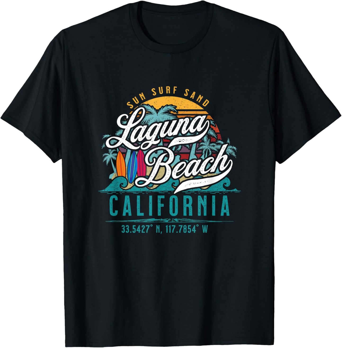 Laguna Beach California USA Retro Sun Sand Surf Palm Trees T-Shirt - T-Shirt | Black