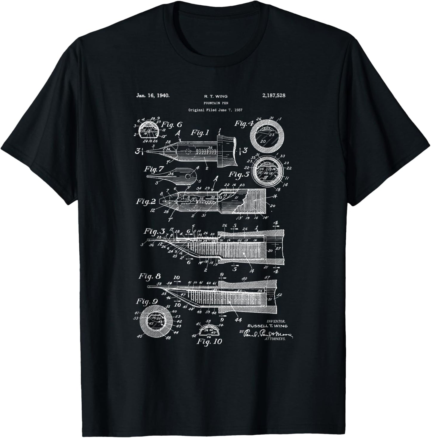 Vintage Patent Drawing Fountain Pen T-Shirt - T-Shirt | Black