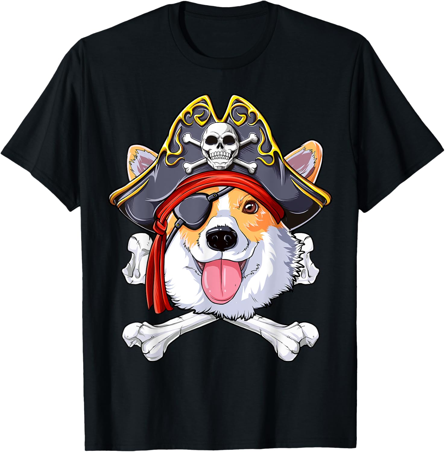 Corgi Pirate T shirt Jolly Roger Flag Skull and Crossbones T-Shirt - T-Shirt | Black