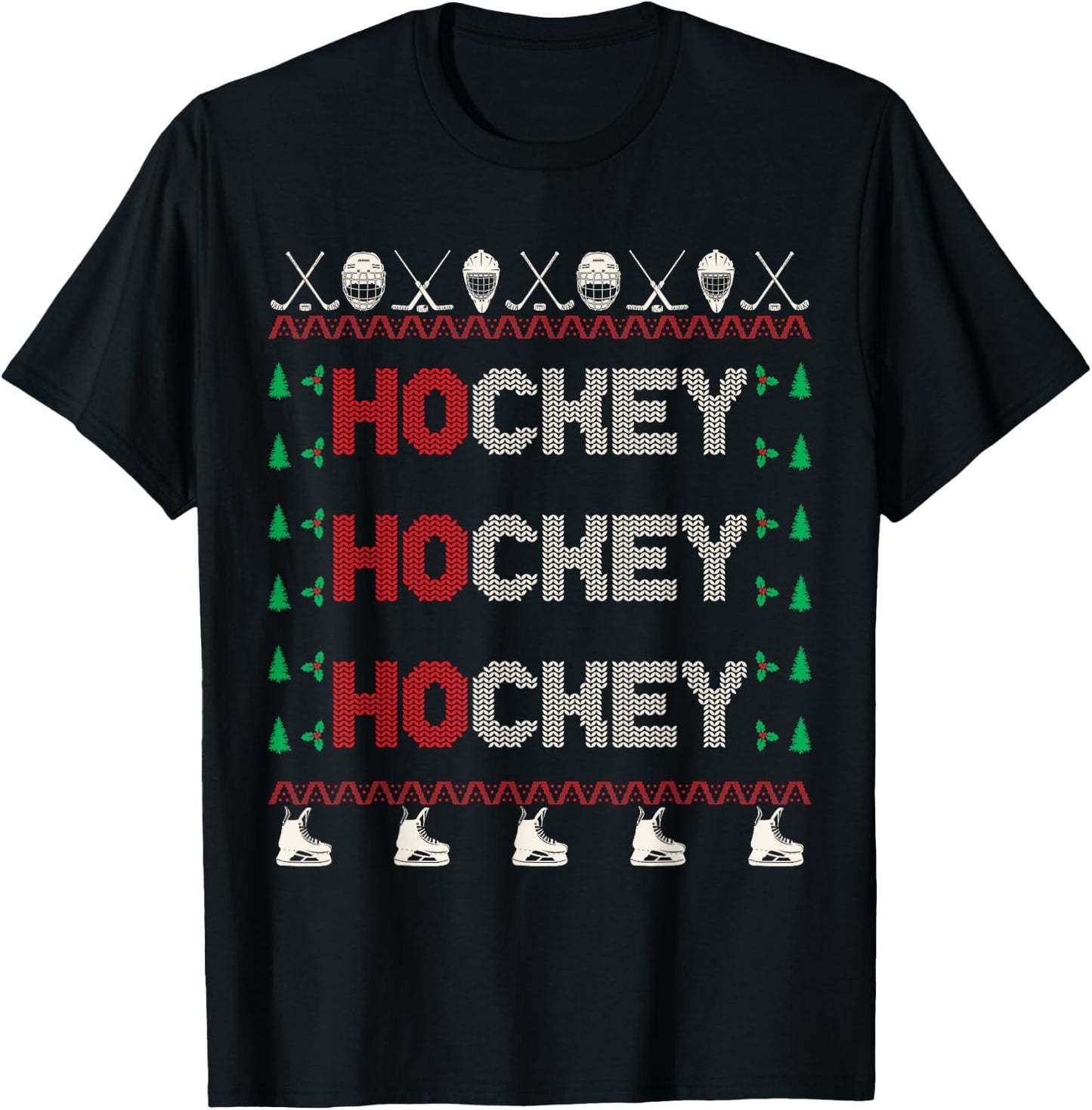 Ho Ho Ho Hockey Ugly Christmas Sweater T-Shirt - T-Shirt | Black