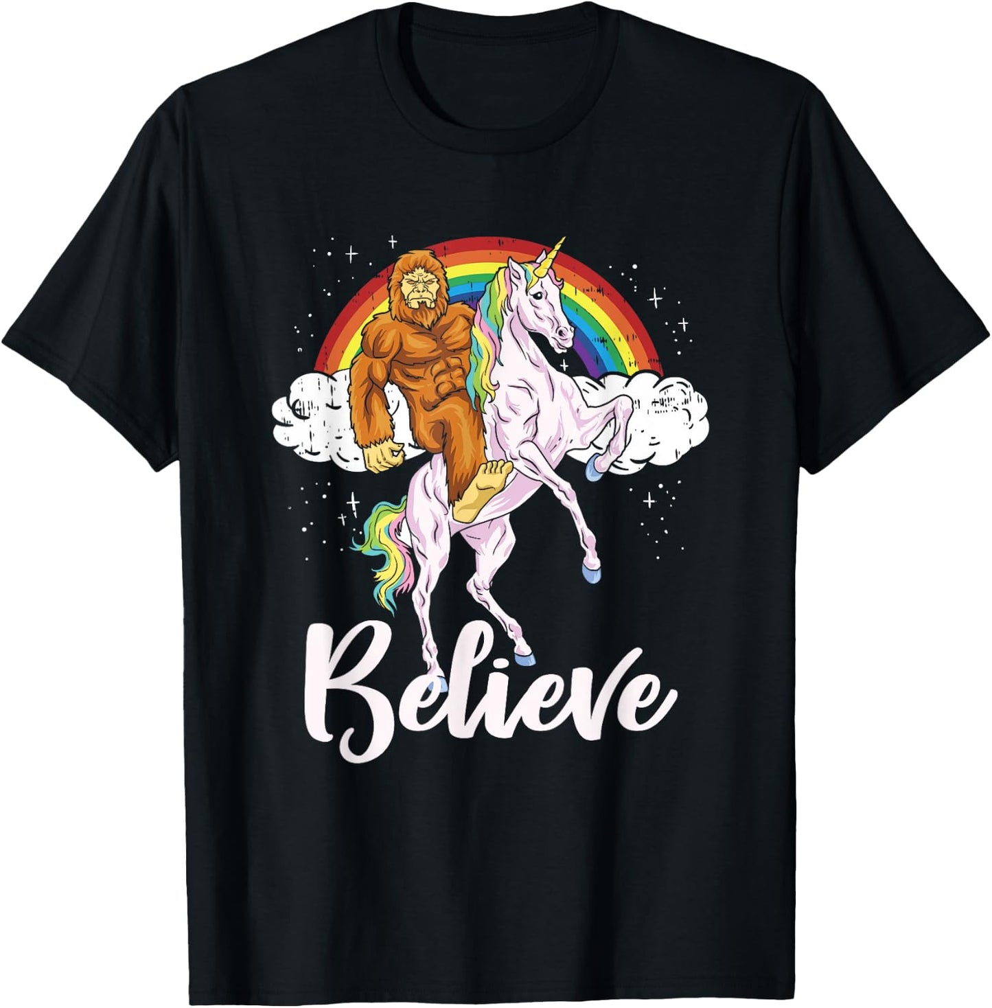 Bigfoot Riding Unicorn Believe Yeti Sasquatch Rainbow T-Shirt - T-Shirt | Black