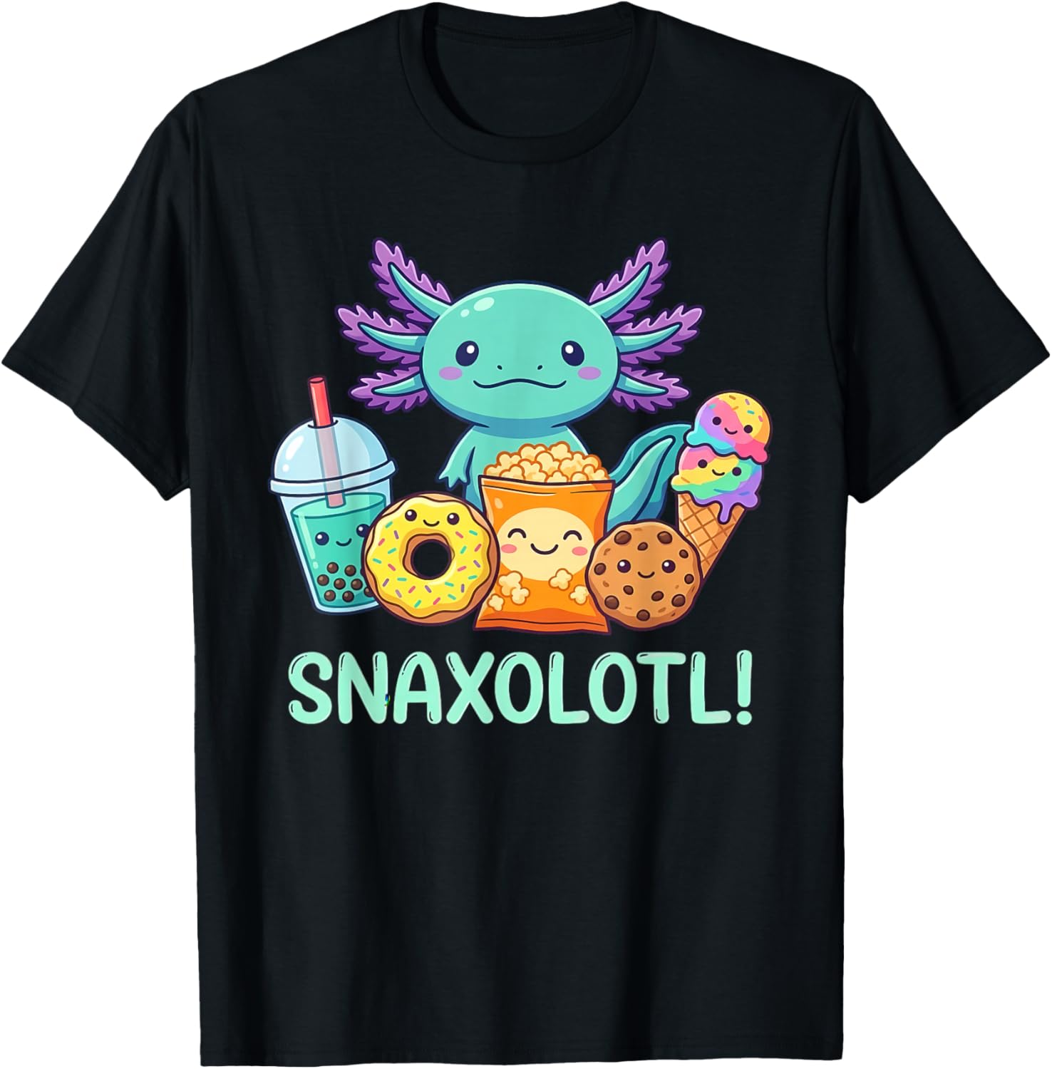 Snaxolotl Funny Snacking Kawaii Axolotl Men Women Kids T-Shirt - T-Shirt | Black