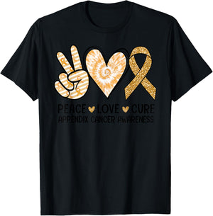 Retro Peace Love Cure Amber Ribbon Appendix Cancer Awareness T-Shirt - T-Shirt | Black