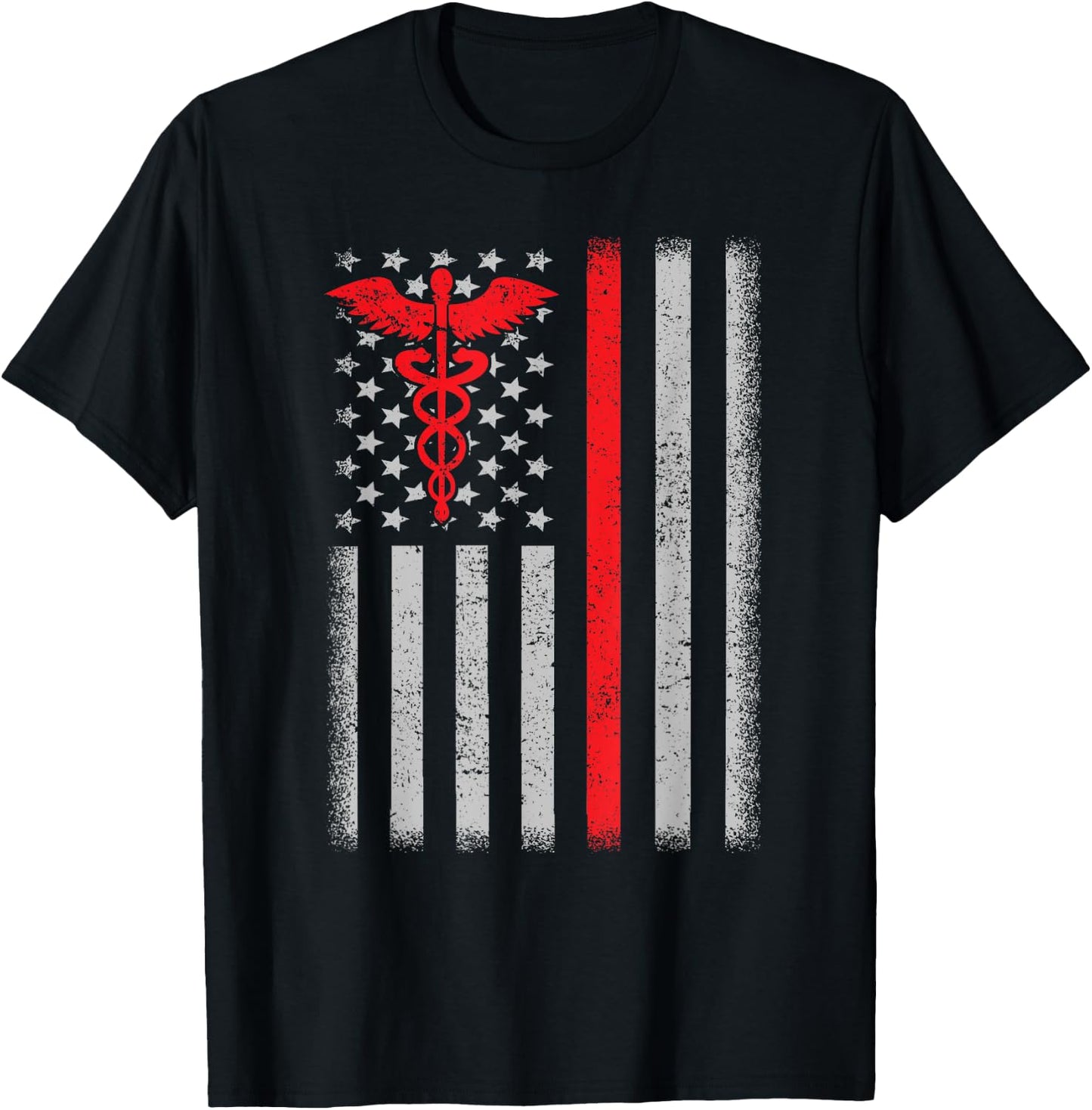 Nurse Thin Red Line Caduceus American Flag T-Shirt - T-Shirt | Black