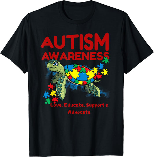 Autism Awareness Turtle Puzzle Mom Kids Teacher Gift Love T-Shirt - T-Shirt | Black