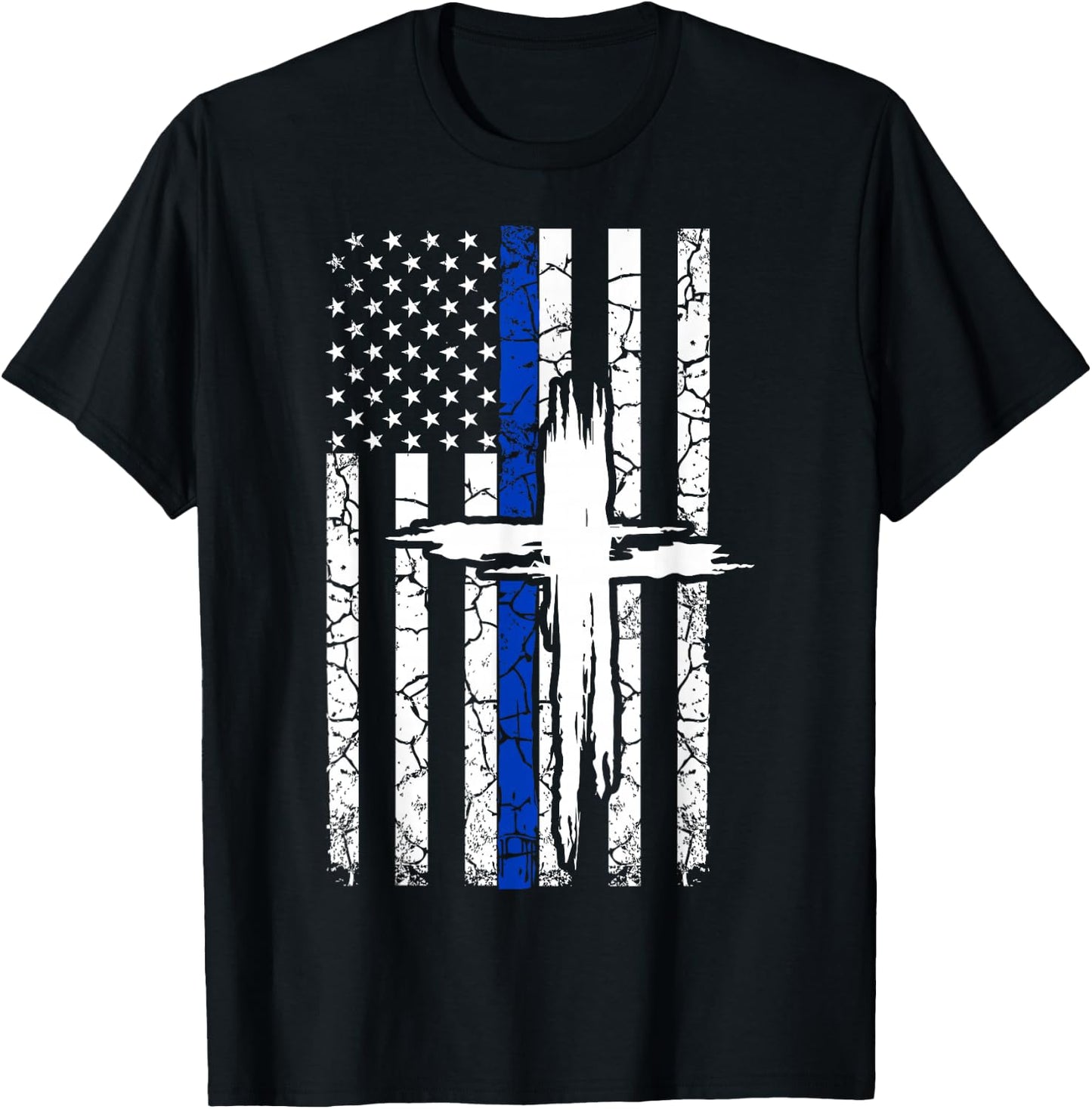 Thin Blue Line T Shirt with a Cross for Policemen & Families T-Shirt - T-Shirt | Black