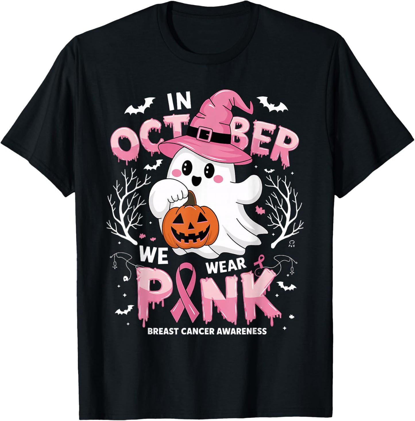 In October We Wear Pink shirt Ghost Breast Cancer Awareness T-Shirt - T-Shirt | Black