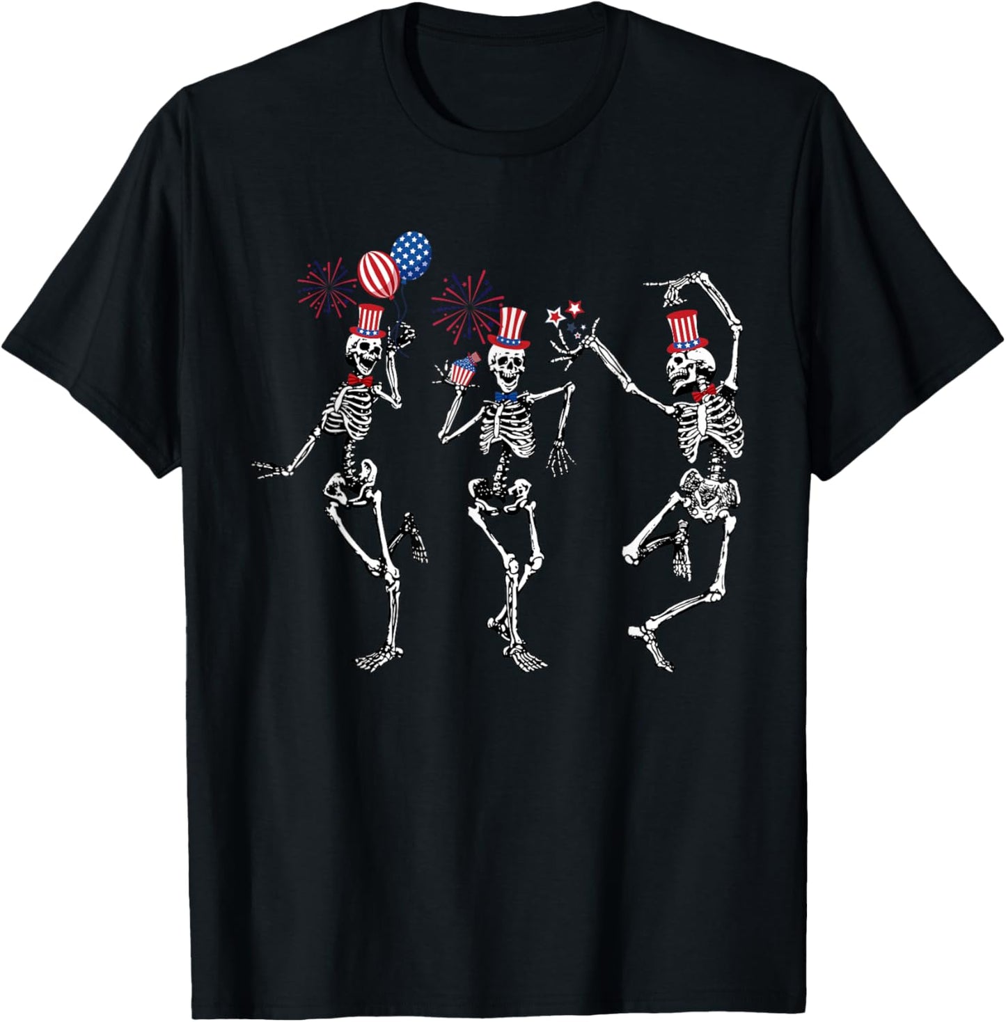 Patriotic Dancing Skeletons USA Flag Fireworks 4th of July T-Shirt - T-Shirt | Black