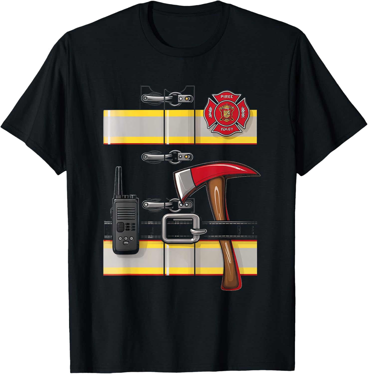Firefighter Costume Fireman Uniform Axe Radio Halloween T-Shirt - T-Shirt | Black