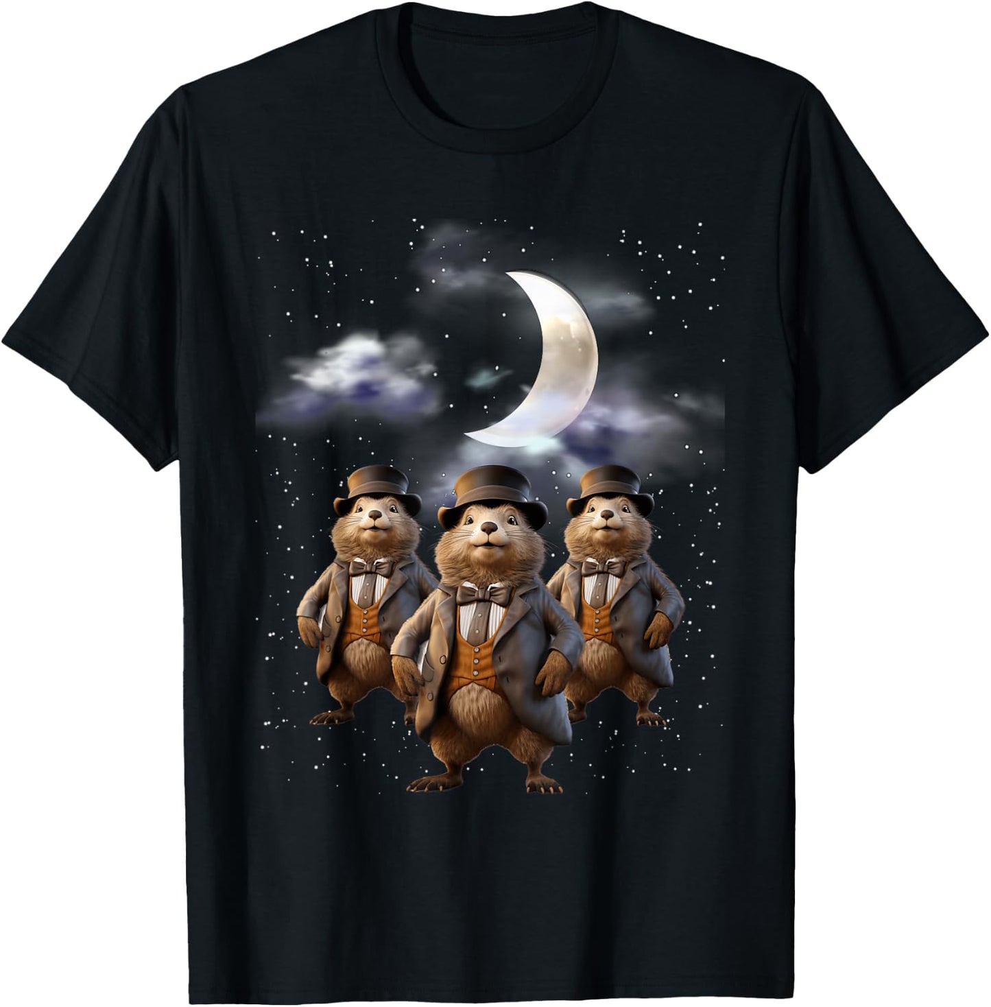 Funny Three Groundhog Moon 3 Groundhog Head Groundhog Day T-Shirt - T-Shirt | Black