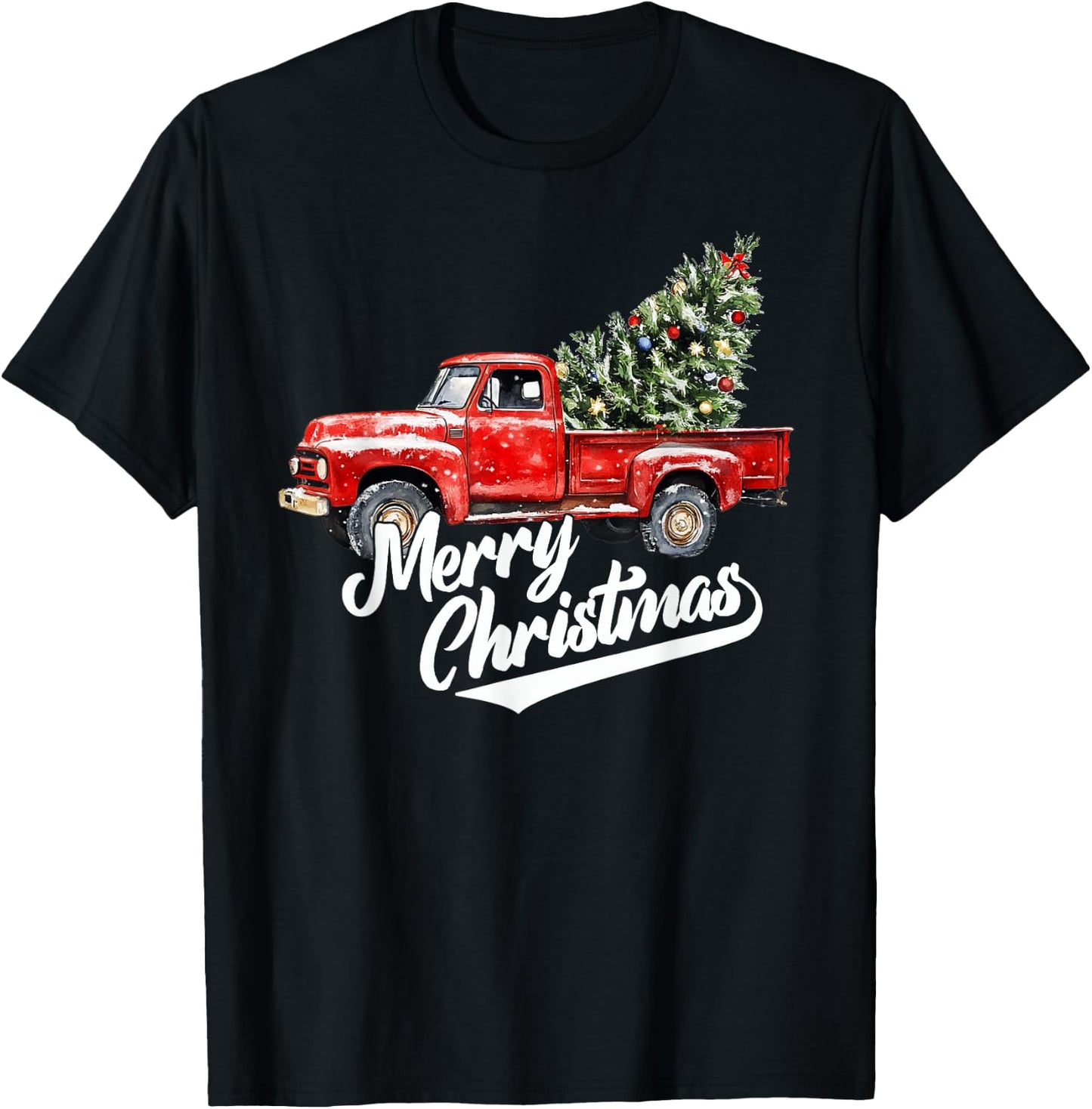 Red Pickup Truck Christmas Tree Vintage old men T-Shirt - T-Shirt | Black
