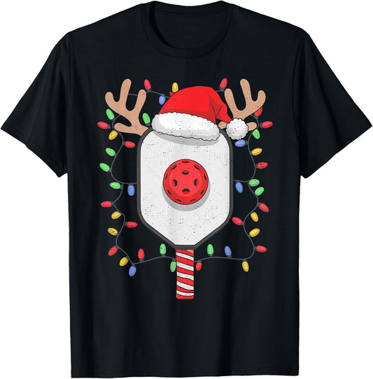 Pickleball Player Christmas Holiday Reindeer Xmas Men Women T-Shirt - T-Shirt | Black