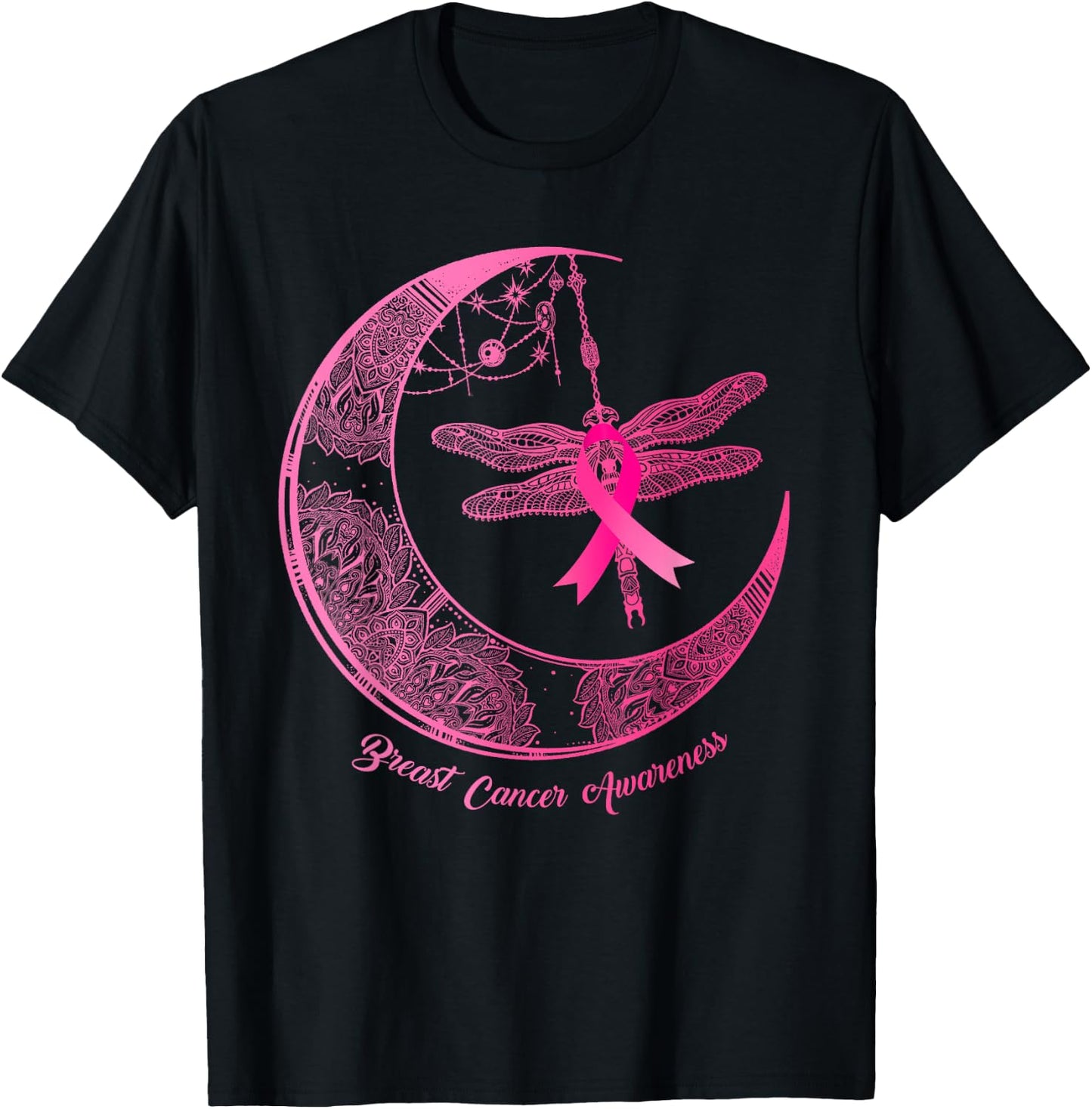 Henna Moon Dragonfly Pink Ribbon Breast Cancer Awareness T-Shirt - T-Shirt | Black