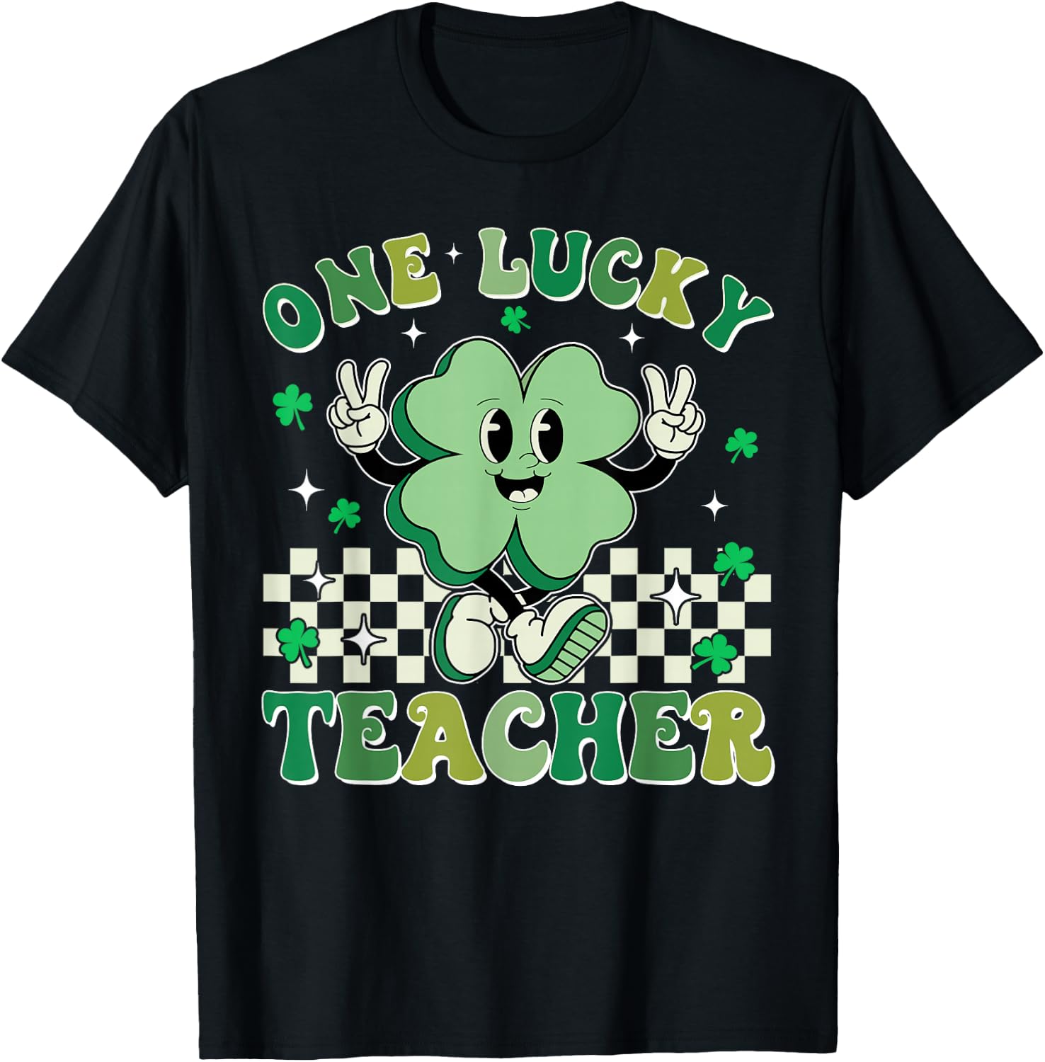 Retro Groovy One Lucky Teacher Shamrock Face St Patrick Day T-Shirt - T-Shirt | Black