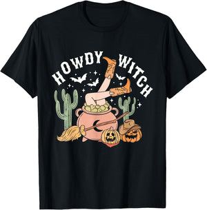 Retro Howdy Witch Western Halloween Pumpkin Cowgirl Outfits T-Shirt - T-Shirt | Black