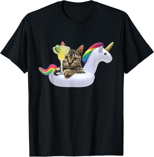Summer Kitty With Margarita Unicorn Float Funny Cat Men Women T-Shirt - T-Shirt | Black