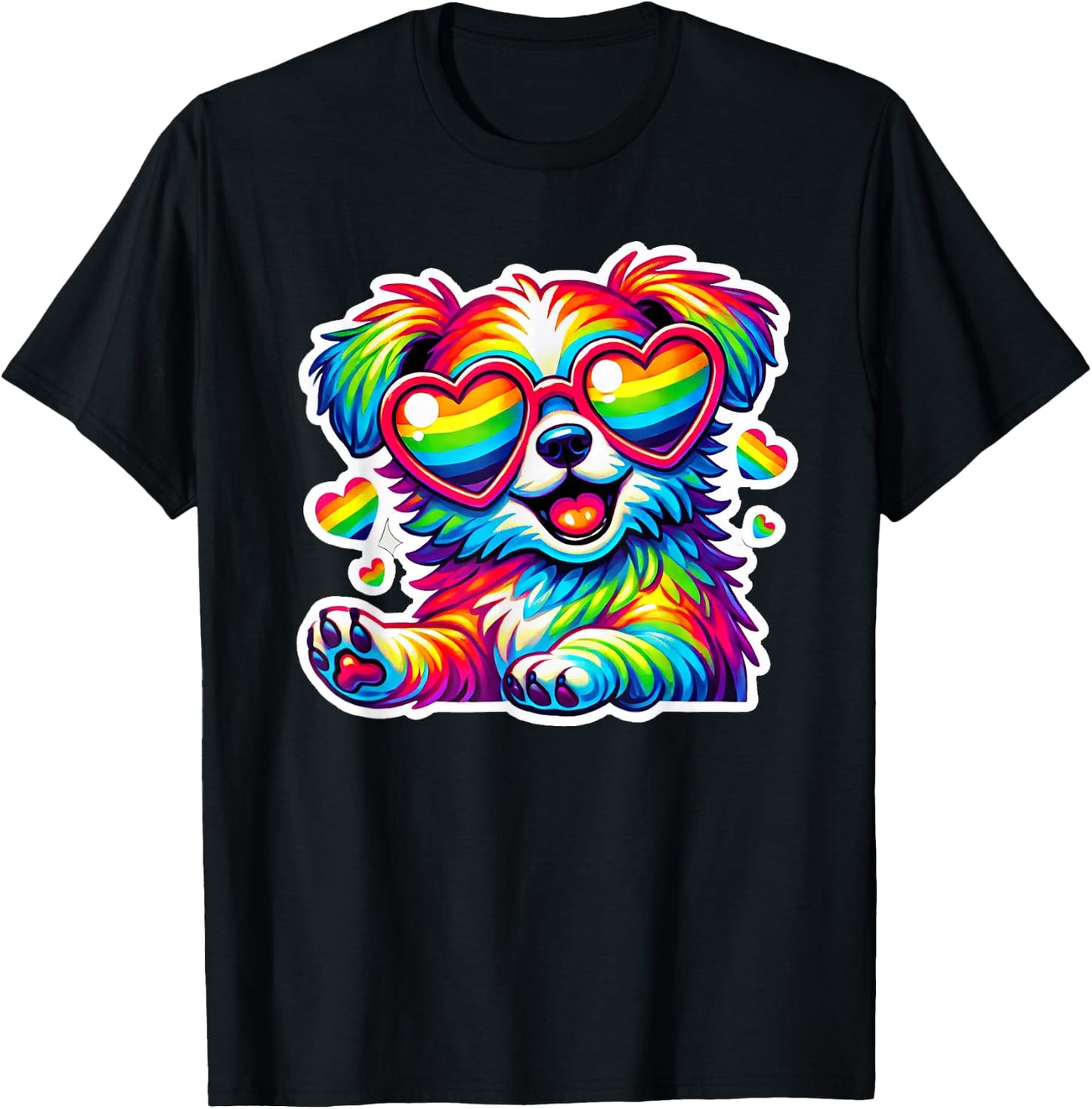 Rainbow Dog with Glasses Heart Cute Puppy Dog Colorful Lover Women Kids T-Shirt - T-Shirt | Black