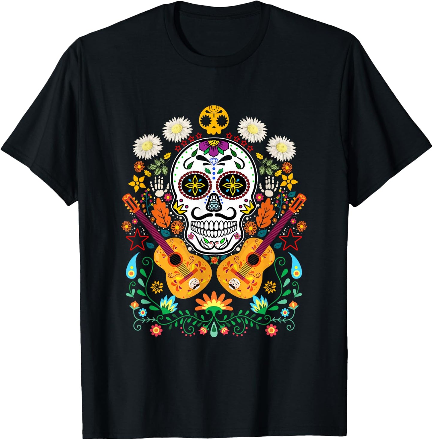 Flower Guitar Skull Day of the Dead Gifts Mariachi T-Shirt - T-Shirt | Black