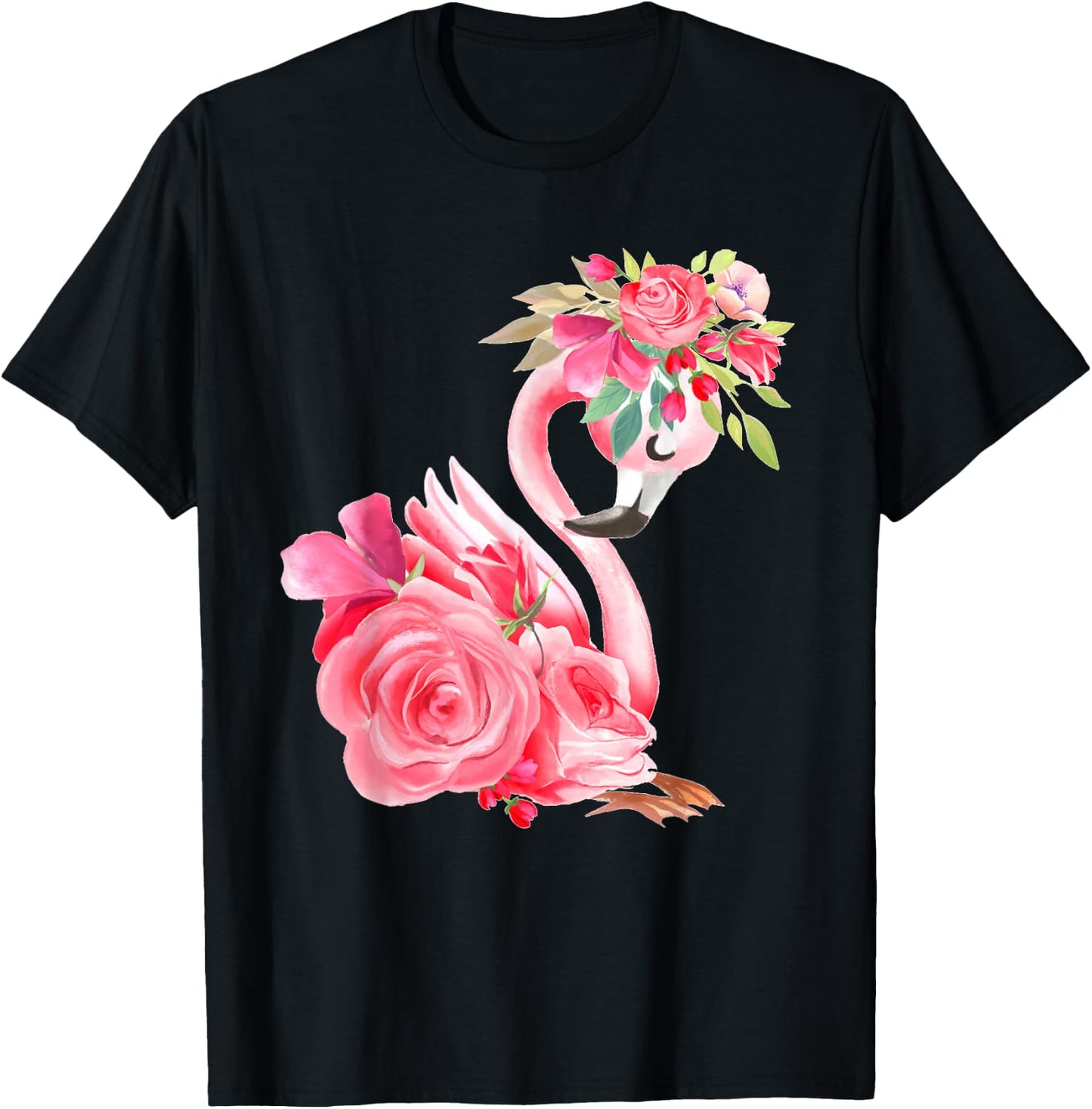 Cute Pink Dreaming Girl Baby Flamingo with Flowers Small T-Shirt - T-Shirt | Black