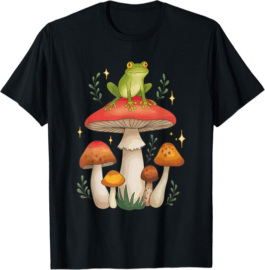 Whimsical Cottagecore Frog Mushroom Vintage T-Shirt - T-Shirt | Black