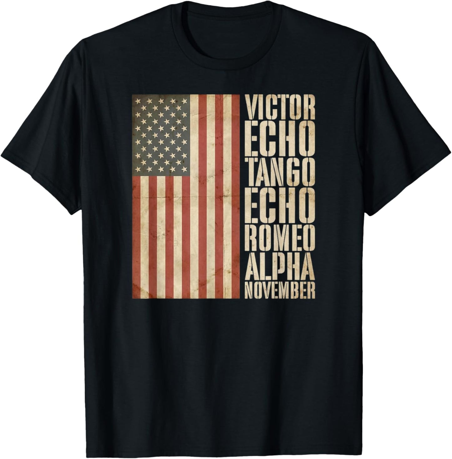 Veteran Military Alphabet American Flag Aged T-Shirt - T-Shirt | Black