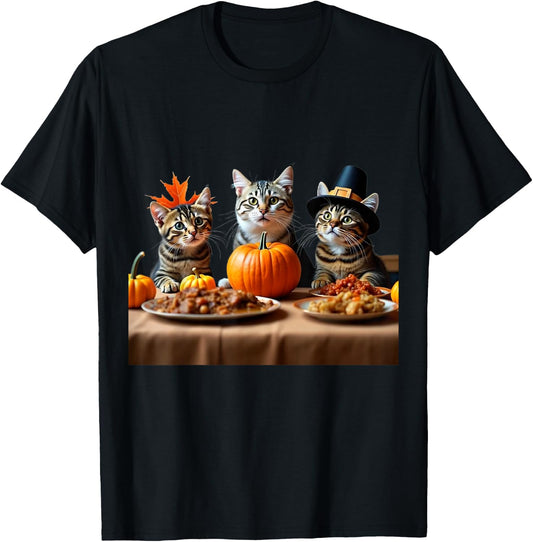 Thanksgiving Cats Dinner Feast Vintage Fall Men Women Kids T-Shirt - T-Shirt | Black