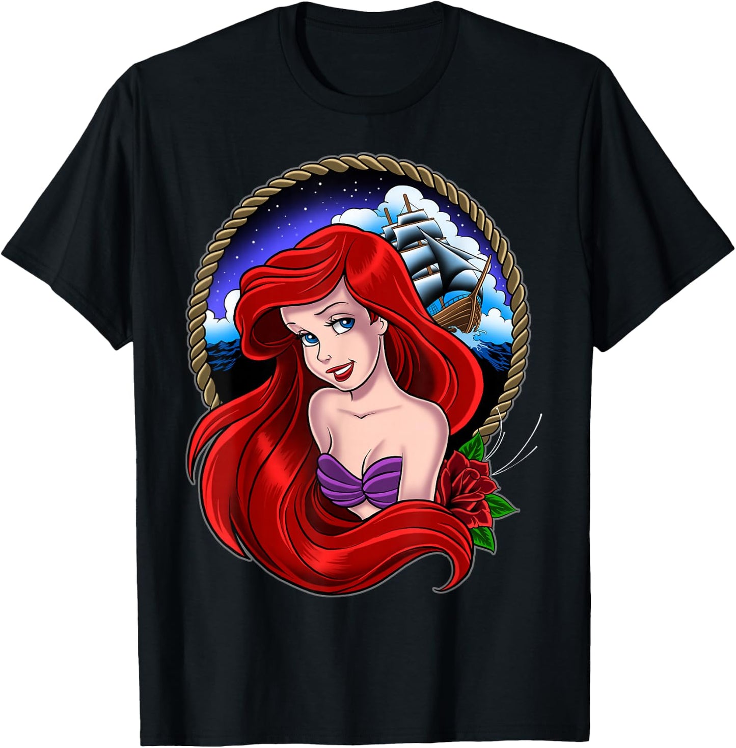 Disney The Little Mermaid Vintage Ariel Sailor Framed Tattoo T-Shirt - T-Shirt | Black