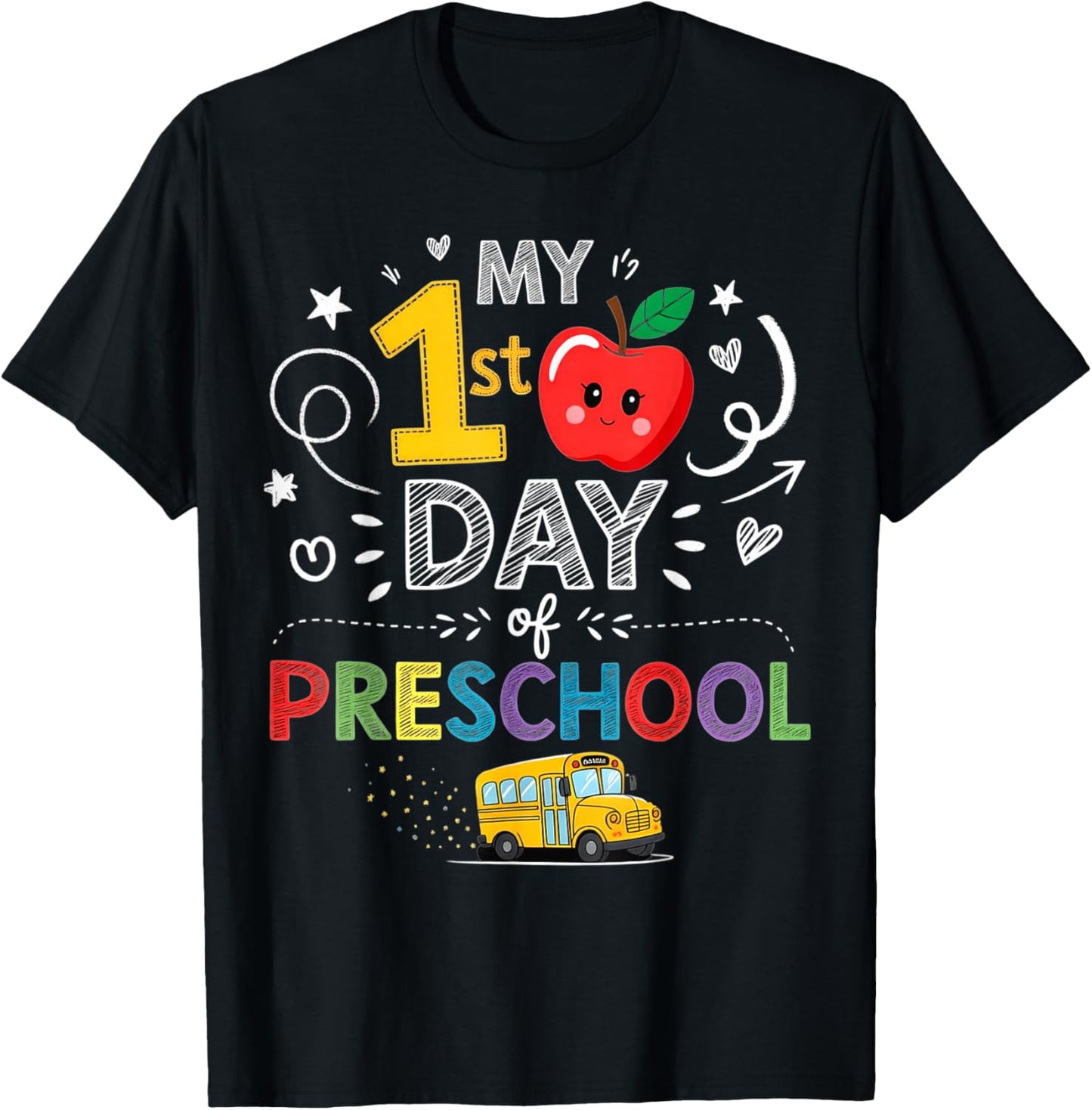 My First Day of Preschool School Bus Apple Kids Girl Boy T-Shirt - T-Shirt | Black