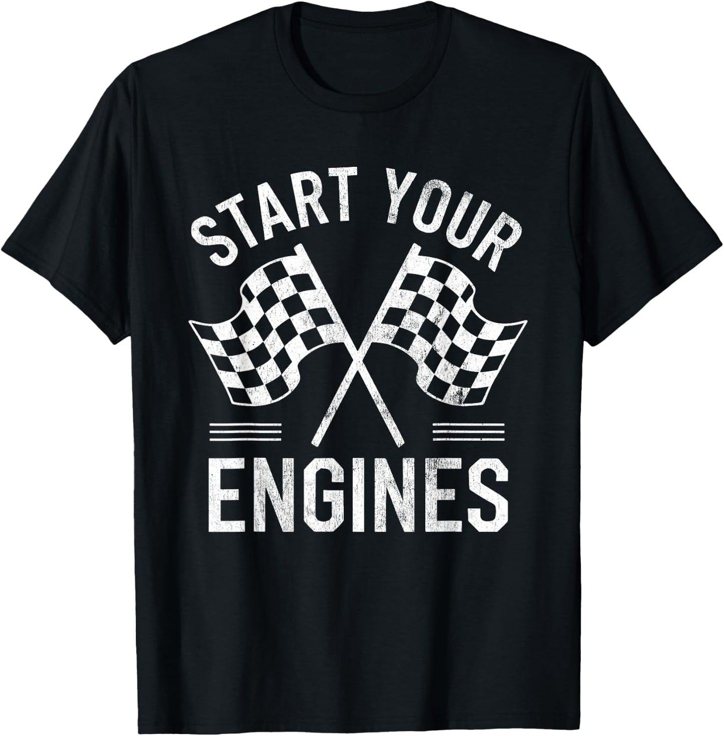 Start Your Engines Vintage Checkered Flag Race Car T-Shirt - T-Shirt | Black