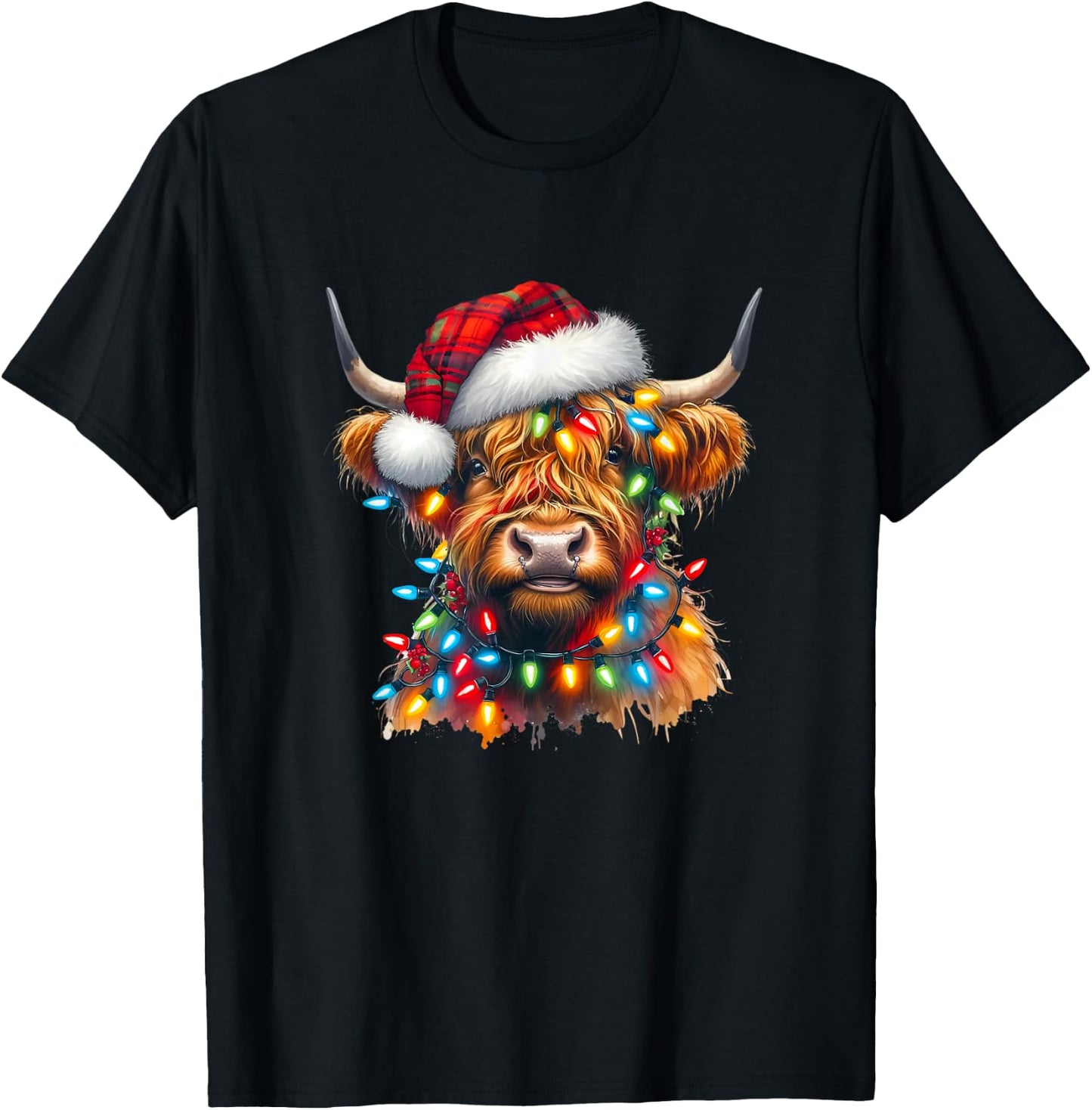 Highland Cow Christmas Xmas Santa Wooly Farm Animal Kids T-Shirt - T-Shirt | Black