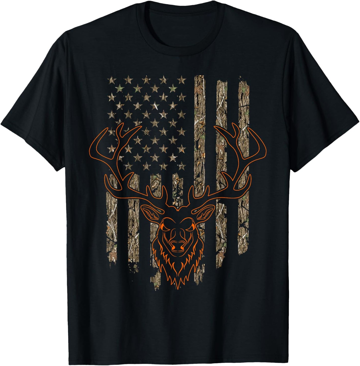 Mule Deer Stag Hunting Tree Forest Camouflage American Flag T-Shirt - T-Shirt | Black