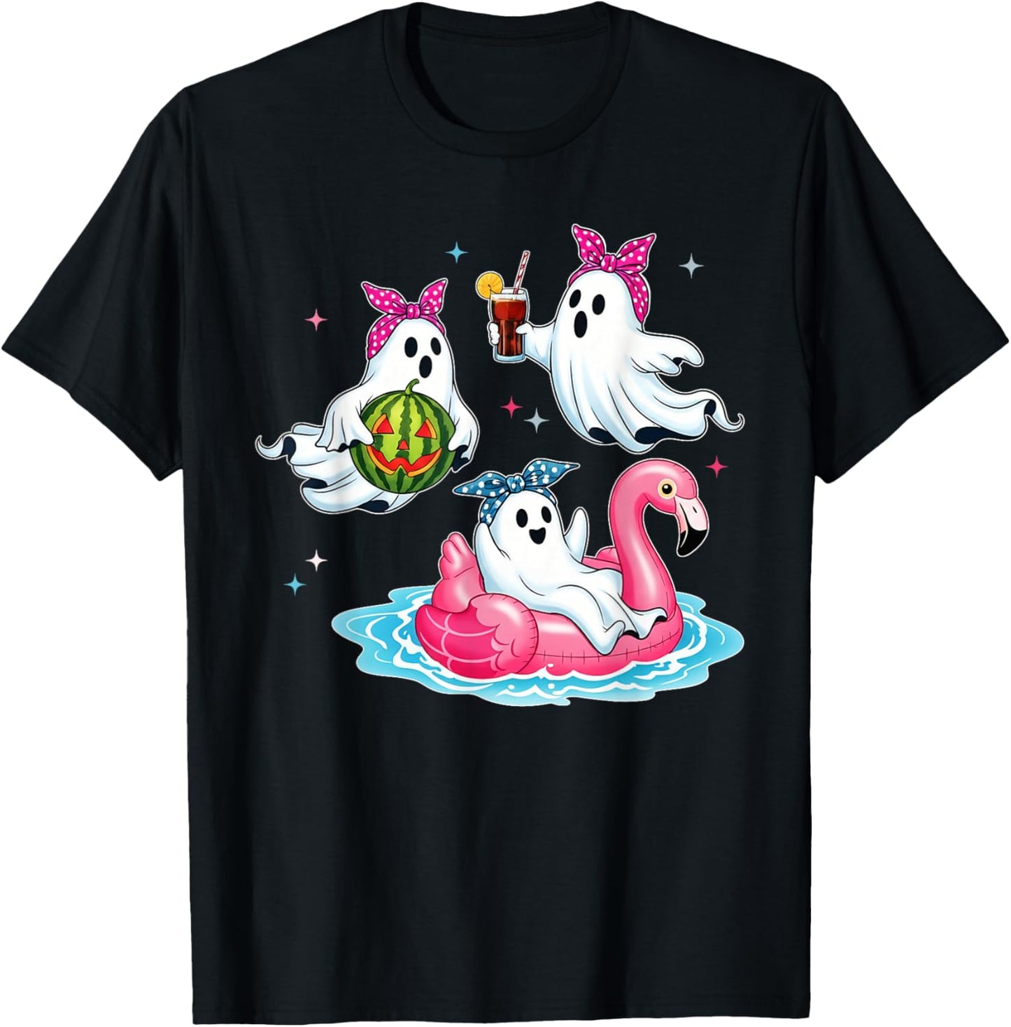 Ghost with Flamingo, Floating Watermelon, Jack o Lantern Party T-Shirt - T-Shirt | Black