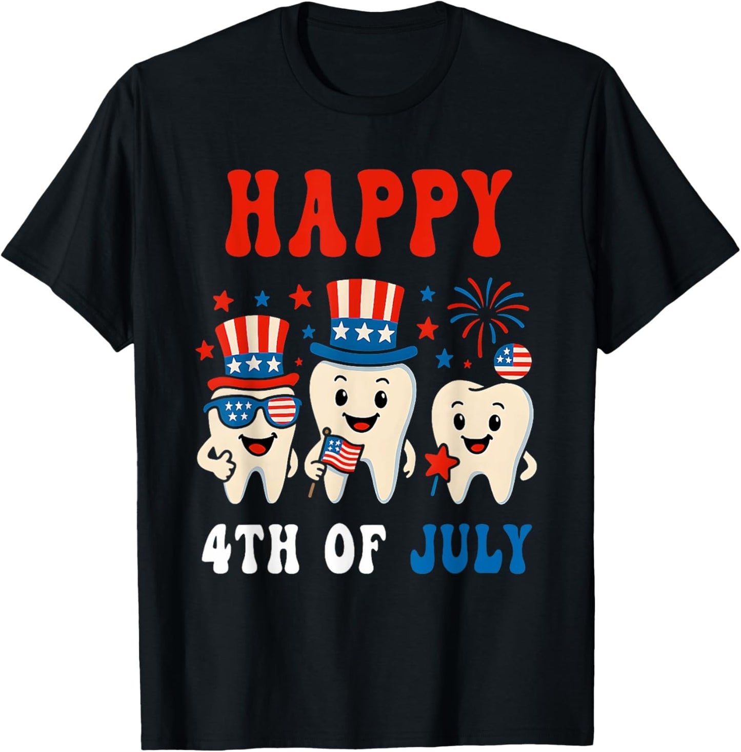 Happy 4th of july Dental Tooth American Flag Dentist T-Shirt - T-Shirt | Black