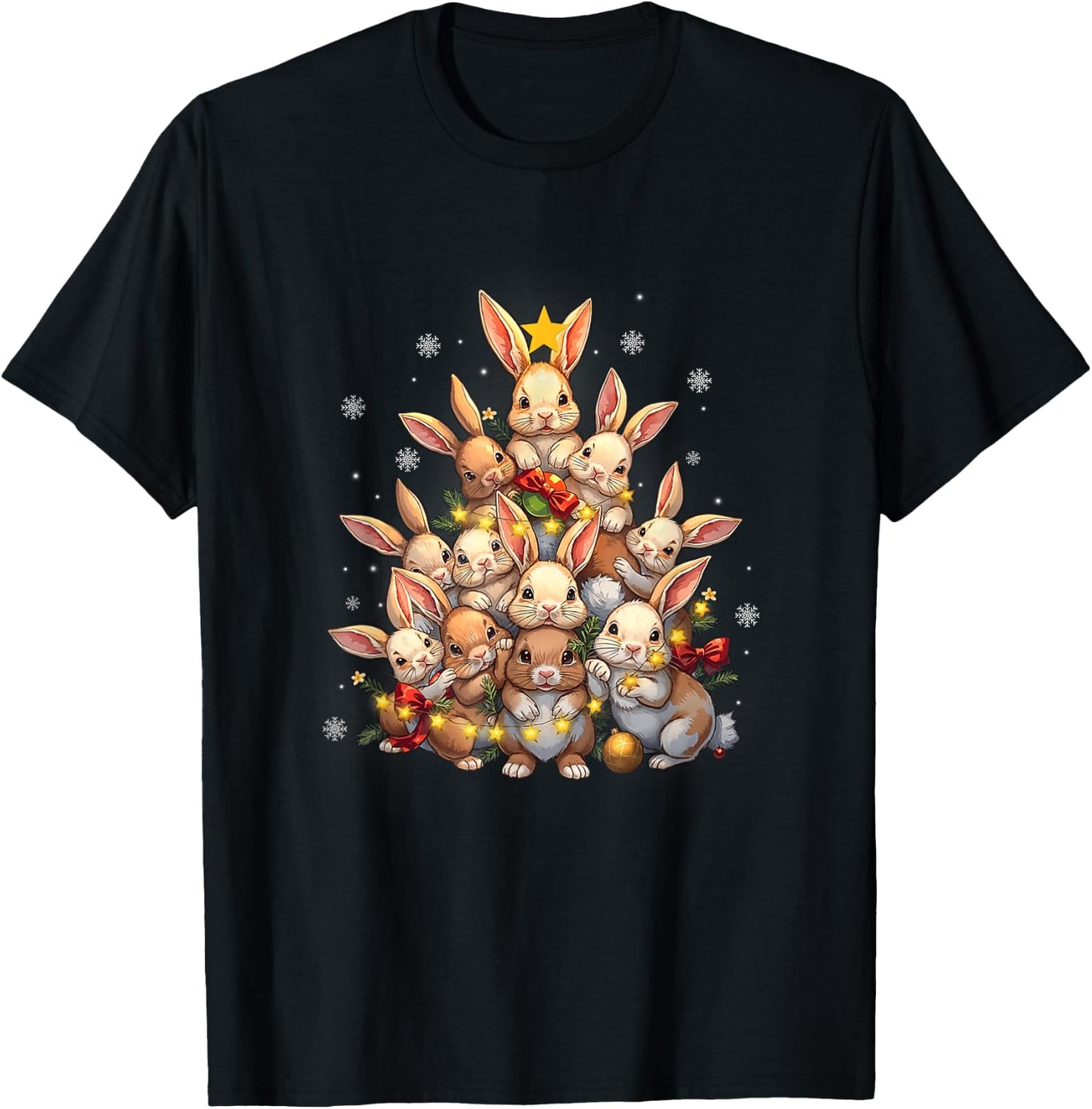 Cute Rabbit Bunny Christmas Tree Xmas Lights Kids Adults T-Shirt - T-Shirt | Black