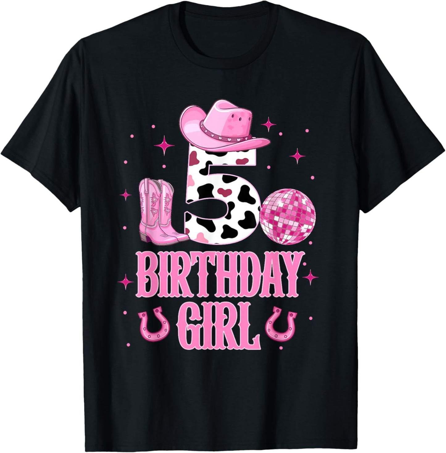 5th Birthday Girl Pink Disco Boots Cowgirl Kids Girls T-Shirt - T-Shirt | Black