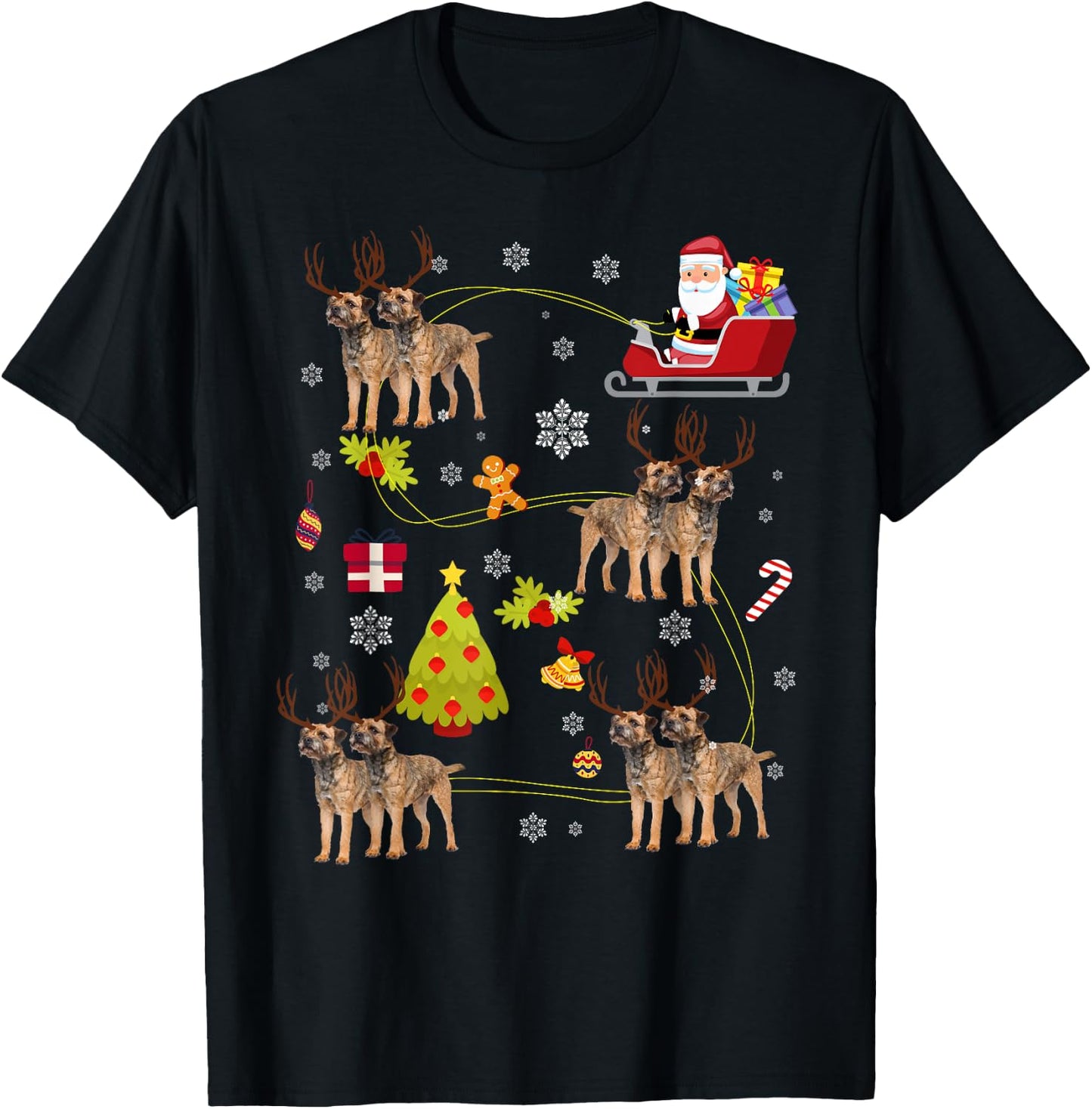Santa Hat Border Terrier Christmas Tree Lights Xmas Gift T-Shirt - T-Shirt | Black