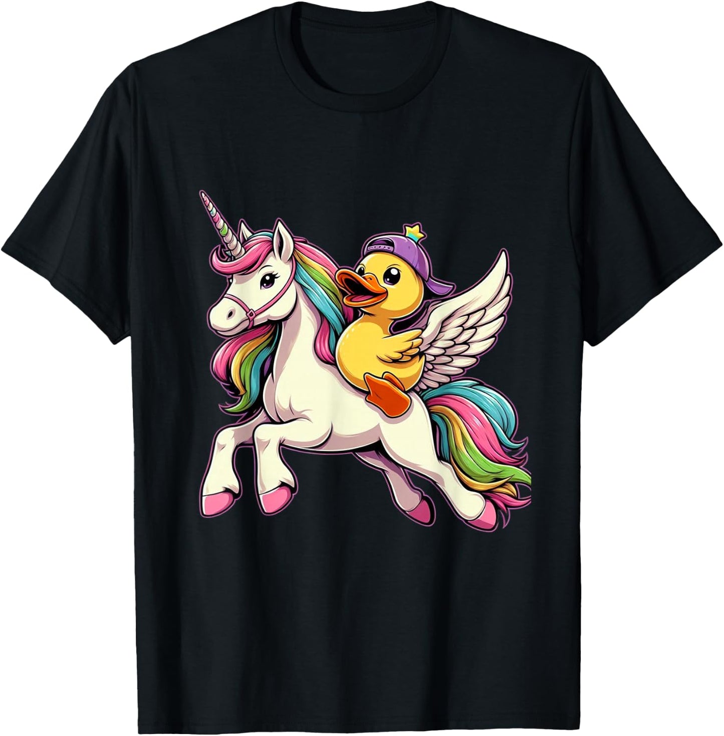 Duck Riding A Unicorn Boys Girls Men Women Kids Adults T-Shirt - T-Shirt | Black